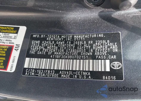 2011 Toyota Camry Le z USA, uszkodzony, nr VIN 4T1BF3EK9BU702151